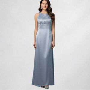 Bridal Warehouse Dress 4 Blue Satin Embroidered Formal Gown Open Back Bow Detail